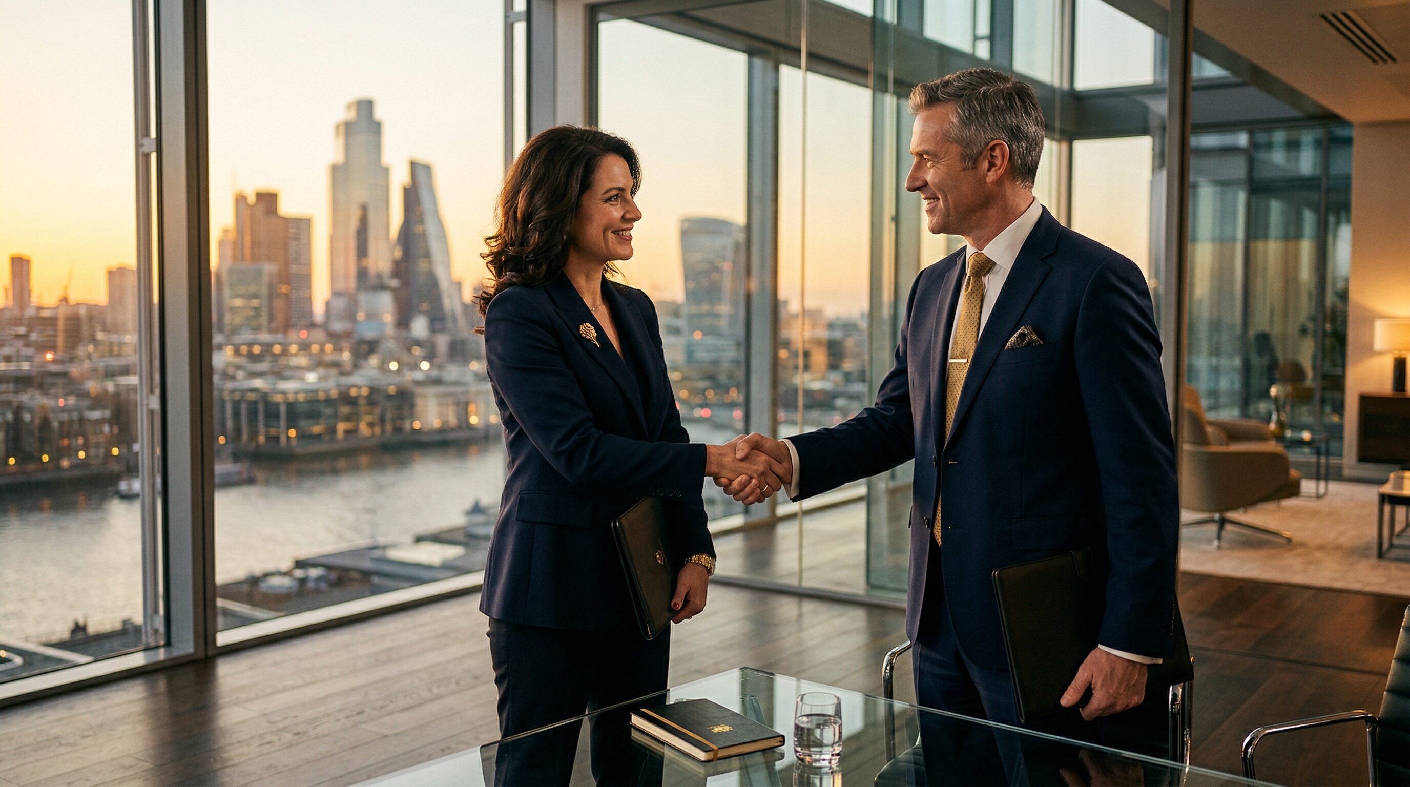 Two business professionals shaking hands in a modern office with a city skyline view