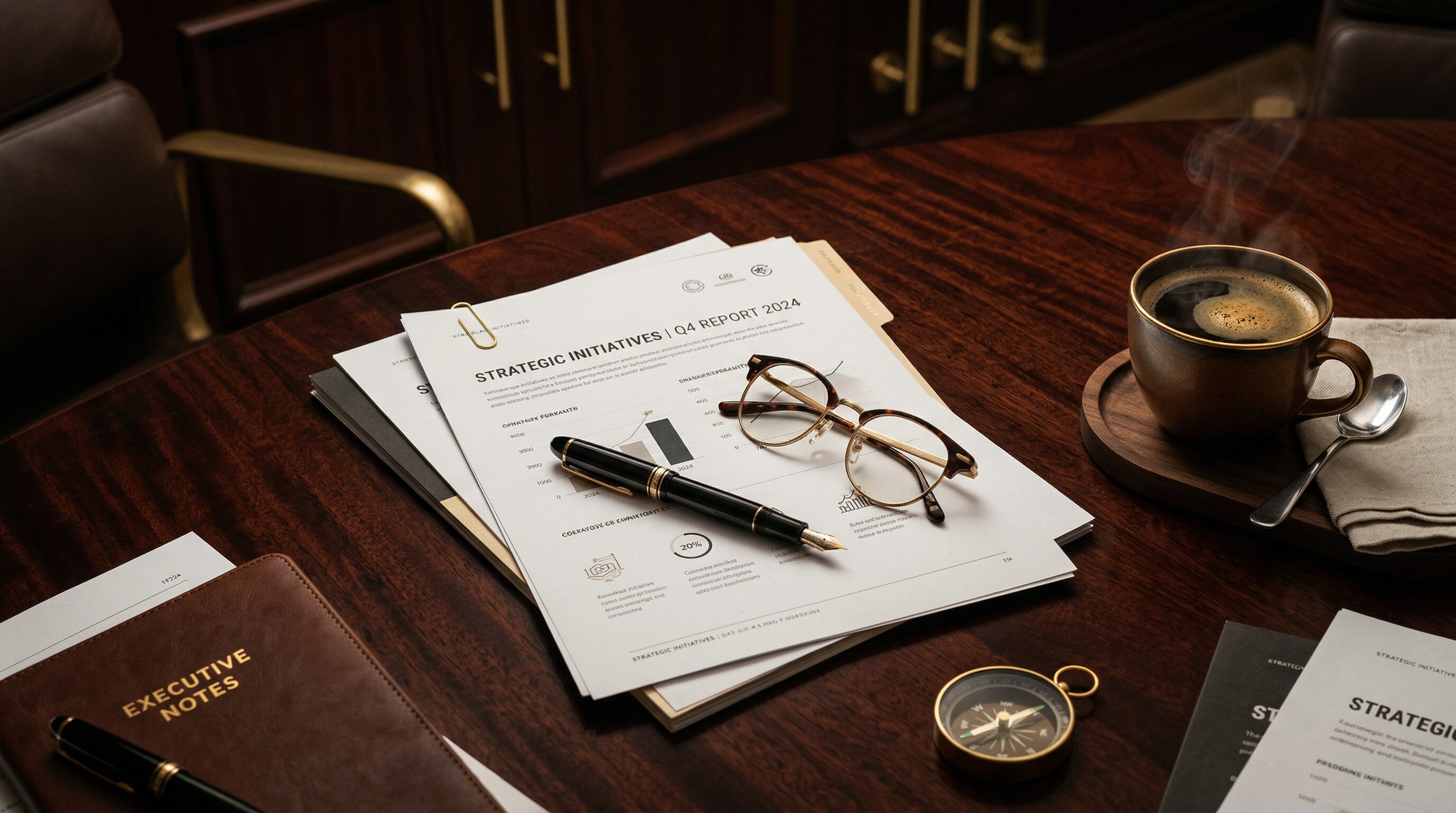 Business documents and pen on a mahogany desk